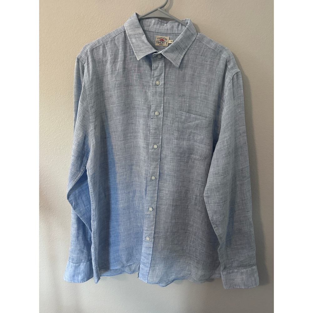 Faherty Linen Button Down Shirt Large Blue Excellent Long Sleeve preppy